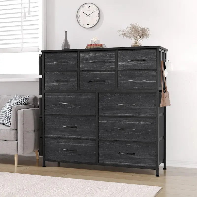 Cómoda de 12 cajones para dormitorio, cómoda alta de tela con bolsillos laterales y ganchos
