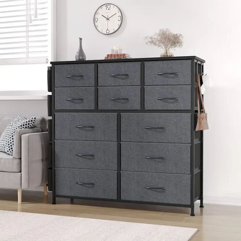 Cómoda de 12 cajones para dormitorio, cómoda alta de tela con bolsillos laterales y ganchos