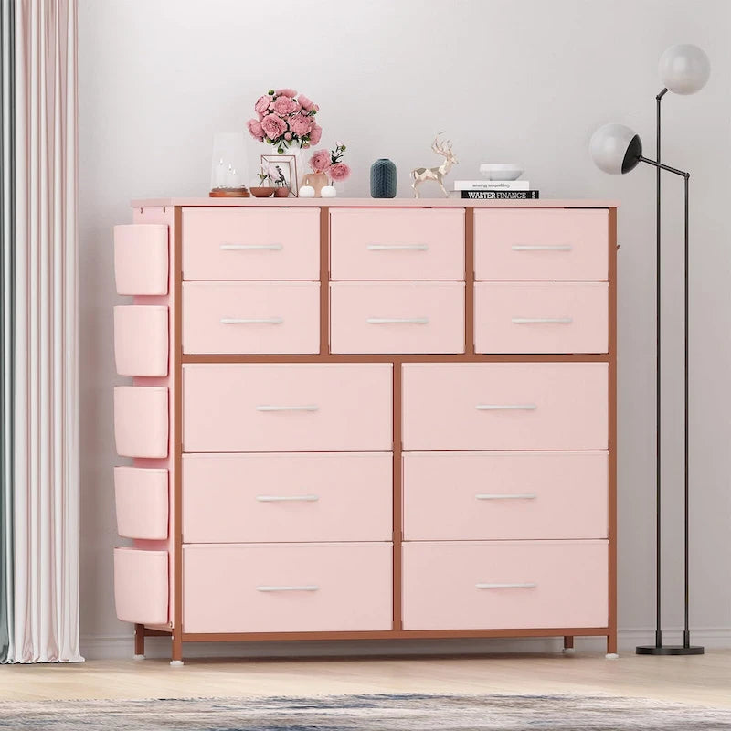 Cómoda de 12 cajones para dormitorio, cómoda alta de tela con bolsillos laterales y ganchos