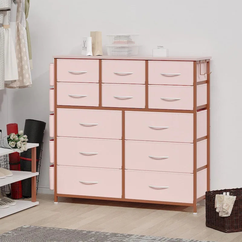 Cómoda de 12 cajones para dormitorio, cómoda alta de tela con bolsillos laterales y ganchos