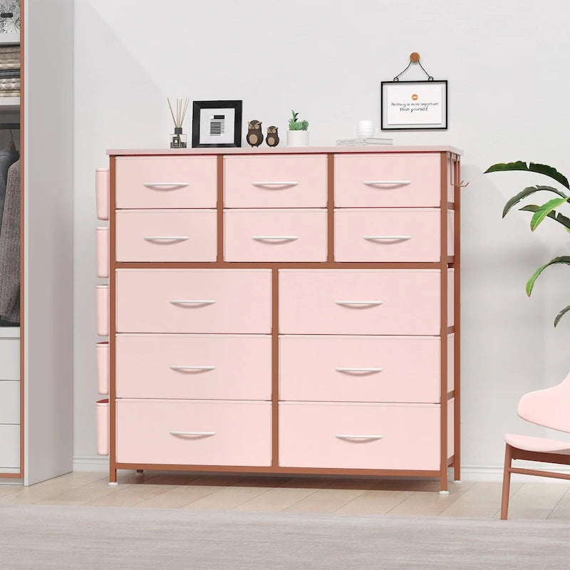 Cómoda de 12 cajones para dormitorio, cómoda alta de tela con bolsillos laterales y ganchos