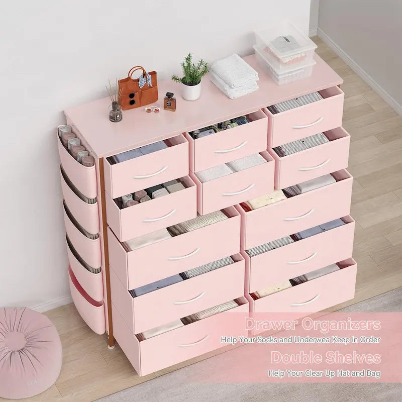 Cómoda de 12 cajones para dormitorio, cómoda alta de tela con bolsillos laterales y ganchos