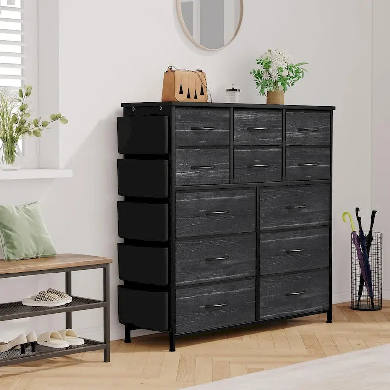 Cómoda de 12 cajones para dormitorio, cómoda alta de tela con bolsillos laterales y ganchos