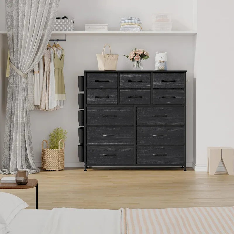 Cómoda de 12 cajones para dormitorio, cómoda alta de tela con bolsillos laterales y ganchos