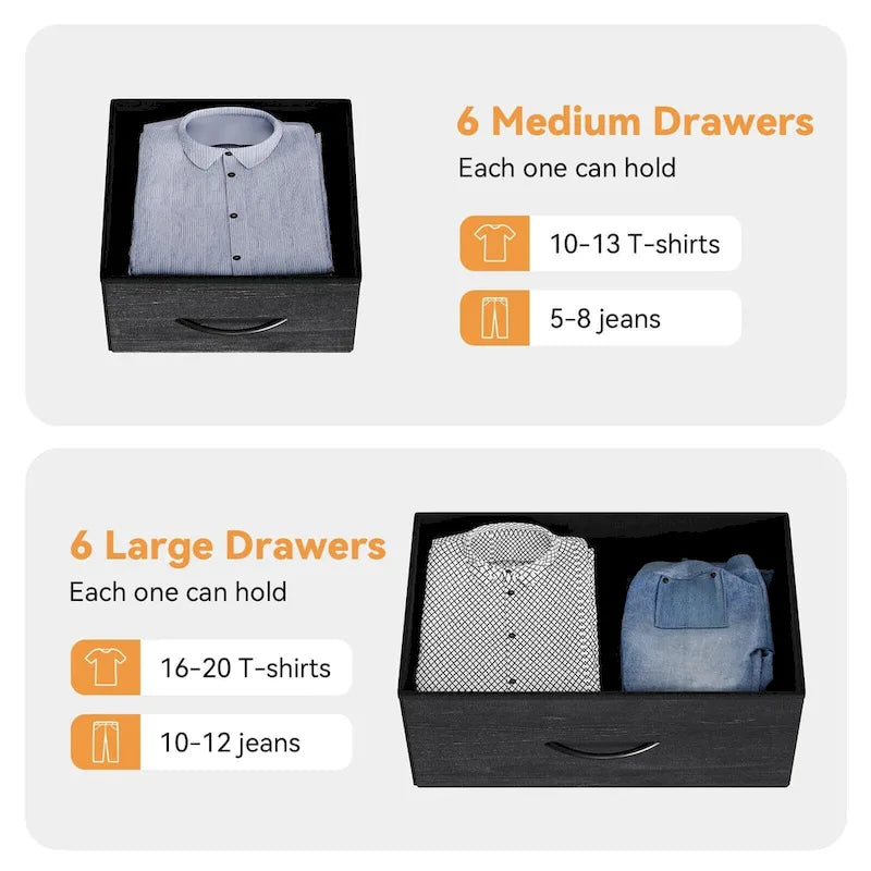 Cómoda de 12 cajones para dormitorio, cómoda alta de tela con bolsillos laterales y ganchos