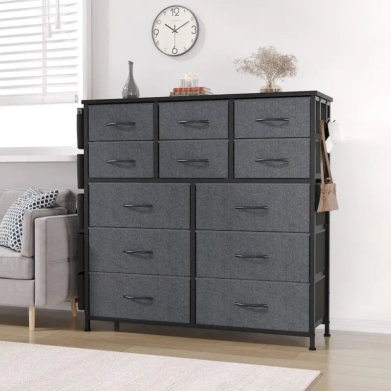 Cómoda de 12 cajones para dormitorio, cómoda alta de tela con bolsillos laterales y ganchos