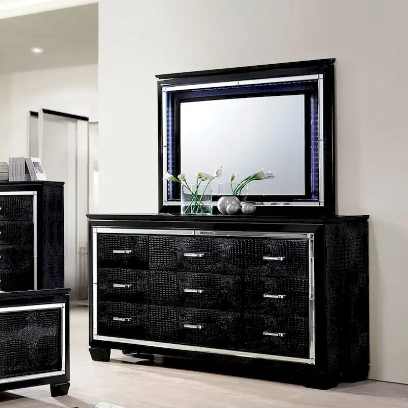 Cómoda y espejo de 9 cajones de madera contemporánea Ruff Crocodile de 2 piezas de Furniture of America