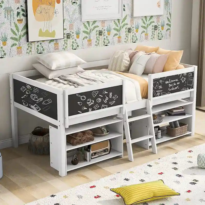 Cama alta baja individual blanca/gris con estantes, escalera y pizarra – 1 persona