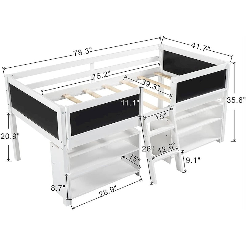 Cama alta baja individual blanca/gris con estantes, escalera y pizarra – 1 persona