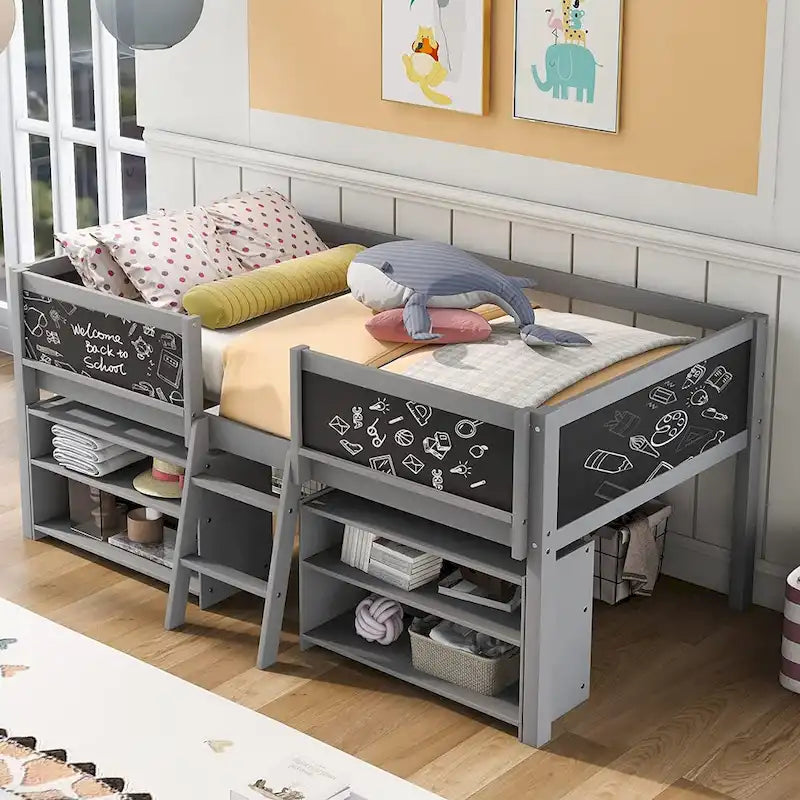 Cama alta baja individual blanca/gris con estantes, escalera y pizarra – 1 persona