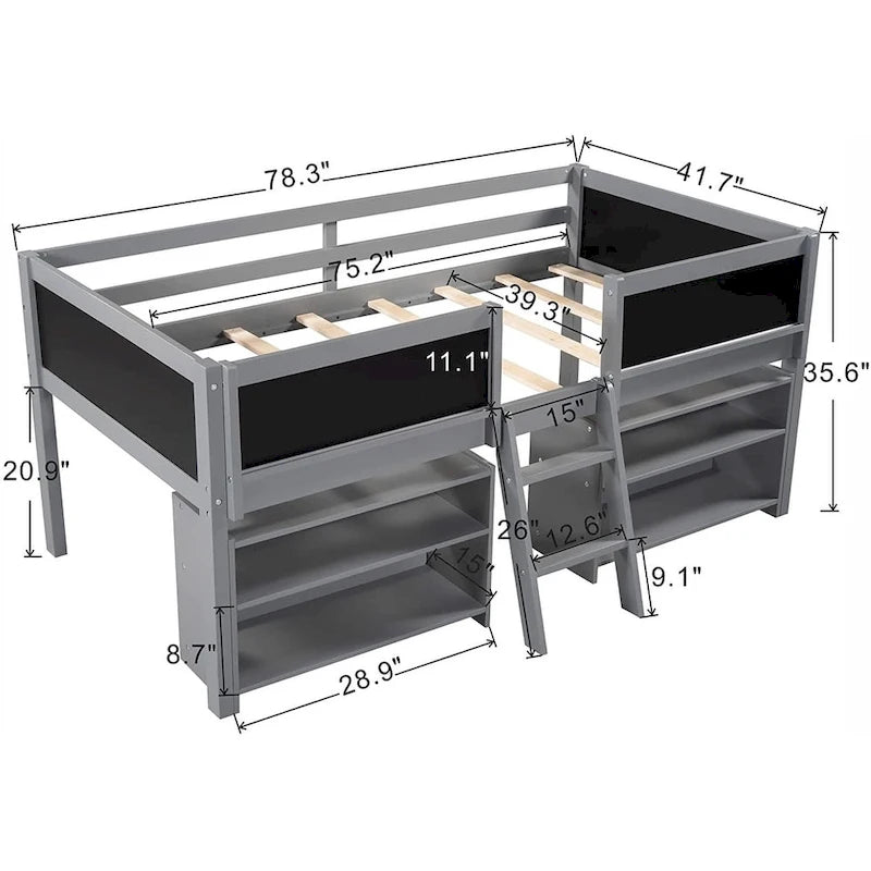 Cama alta baja individual blanca/gris con estantes, escalera y pizarra – 1 persona