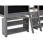 Cama alta baja individual blanca/gris con estantes, escalera y pizarra – 1 persona