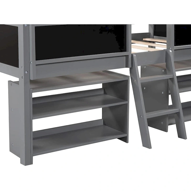 Cama alta baja individual blanca/gris con estantes, escalera y pizarra – 1 persona