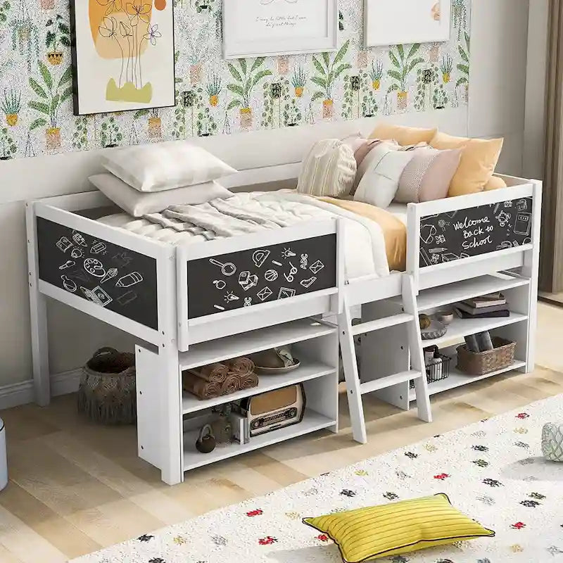 Cama alta baja individual blanca/gris con estantes, escalera y pizarra – 1 persona