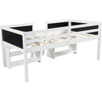 Cama alta baja individual blanca/gris con estantes, escalera y pizarra – 1 persona