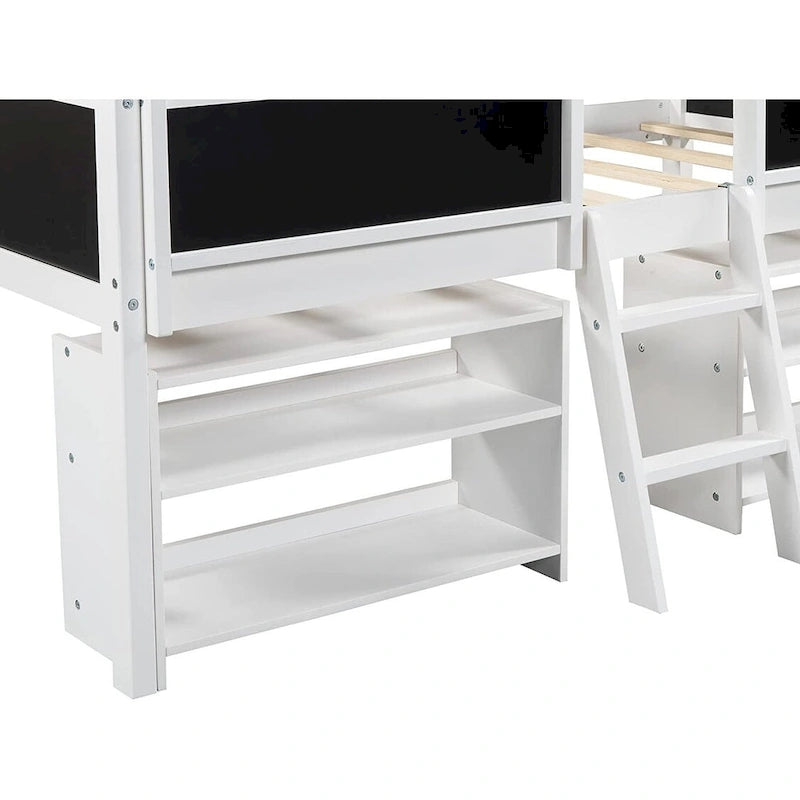 Cama alta baja individual blanca/gris con estantes, escalera y pizarra – 1 persona