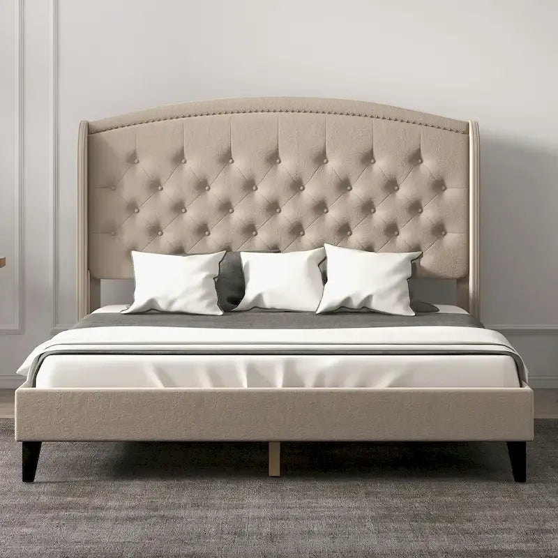 Estructura de cama tapizada con alas de terciopelo beige/gris/negro, con botones, tamaño matrimonial, para 2 personas