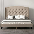 Estructura de cama tapizada con alas de terciopelo beige/gris/negro, con botones, tamaño matrimonial, para 2 personas