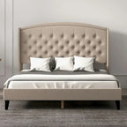 Estructura de cama tapizada con alas de terciopelo beige/gris/negro, con botones, tamaño matrimonial, para 2 personas