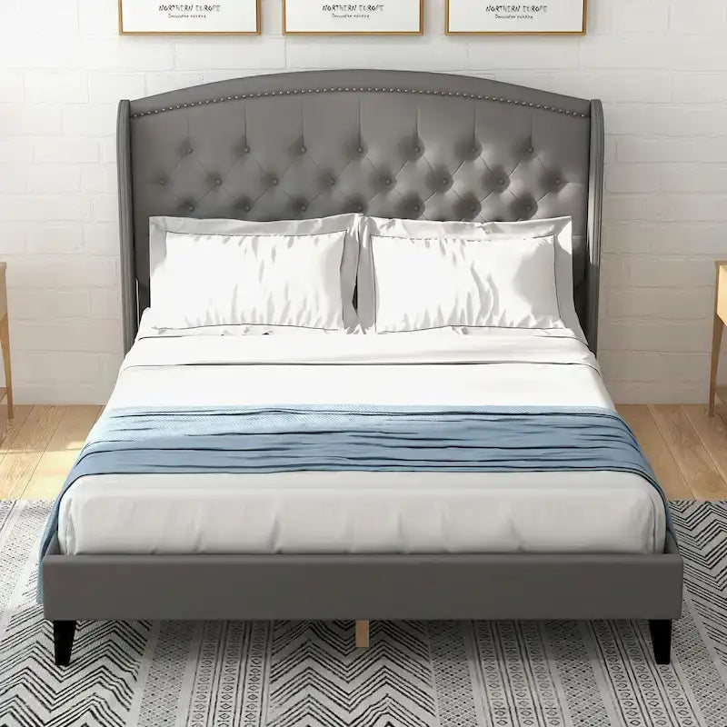 Estructura de cama tapizada con alas de terciopelo beige/gris/negro, con botones, tamaño matrimonial, para 2 personas