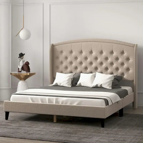 Estructura de cama tapizada con alas de terciopelo beige/gris/negro, con botones, tamaño matrimonial, para 2 personas