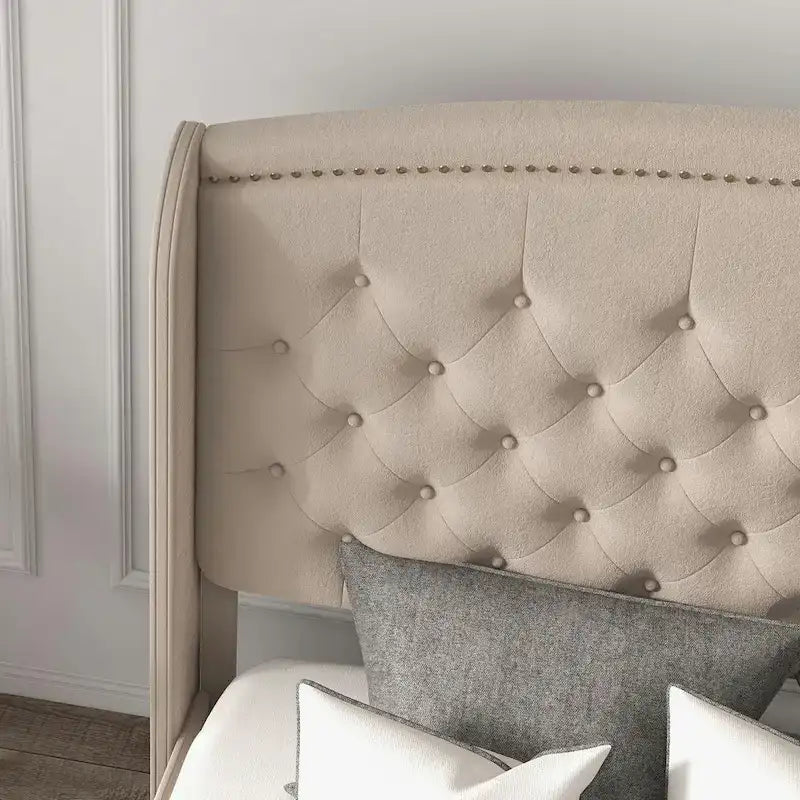 Estructura de cama tapizada con alas de terciopelo beige/gris/negro, con botones, tamaño matrimonial, para 2 personas