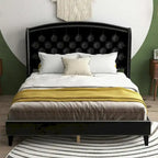 Estructura de cama tapizada con alas de terciopelo beige/gris/negro, con botones, tamaño matrimonial, para 2 personas