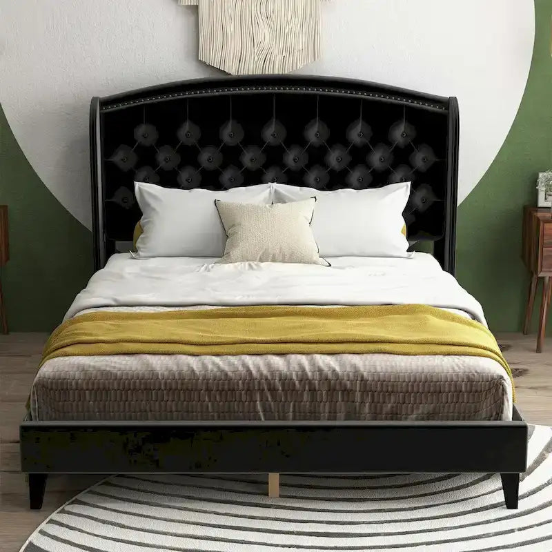 Estructura de cama tapizada con alas de terciopelo beige/gris/negro, con botones, tamaño matrimonial, para 2 personas