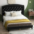 Estructura de cama tapizada con alas de terciopelo beige/gris/negro, con botones, tamaño matrimonial, para 2 personas