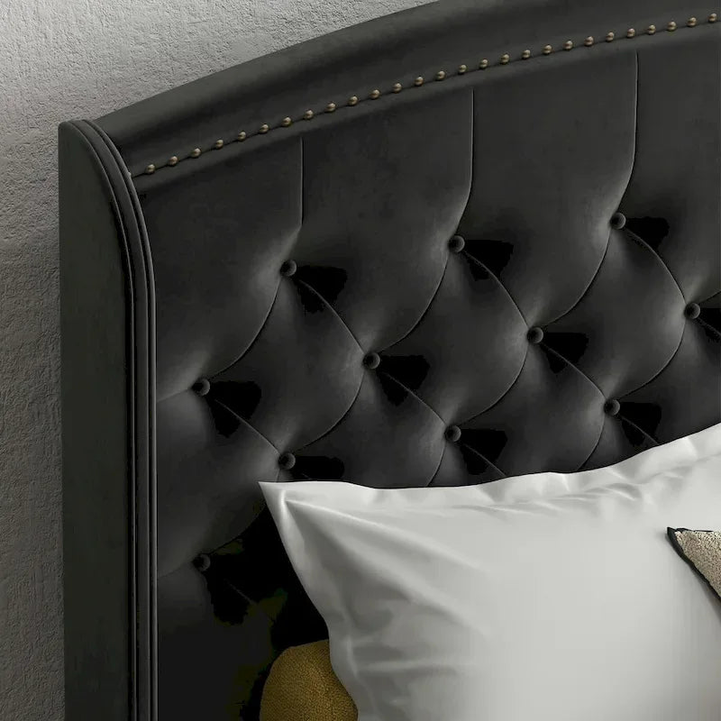 Estructura de cama tapizada con alas de terciopelo beige/gris/negro, con botones, tamaño matrimonial, para 2 personas
