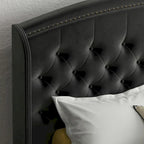 Estructura de cama tapizada con alas de terciopelo beige/gris/negro, con botones, tamaño matrimonial, para 2 personas