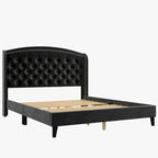 Estructura de cama tapizada con alas de terciopelo beige/gris/negro, con botones, tamaño matrimonial, para 2 personas