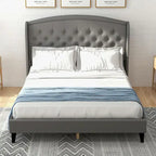 Estructura de cama tapizada con alas de terciopelo beige/gris/negro, con botones, tamaño matrimonial, para 2 personas