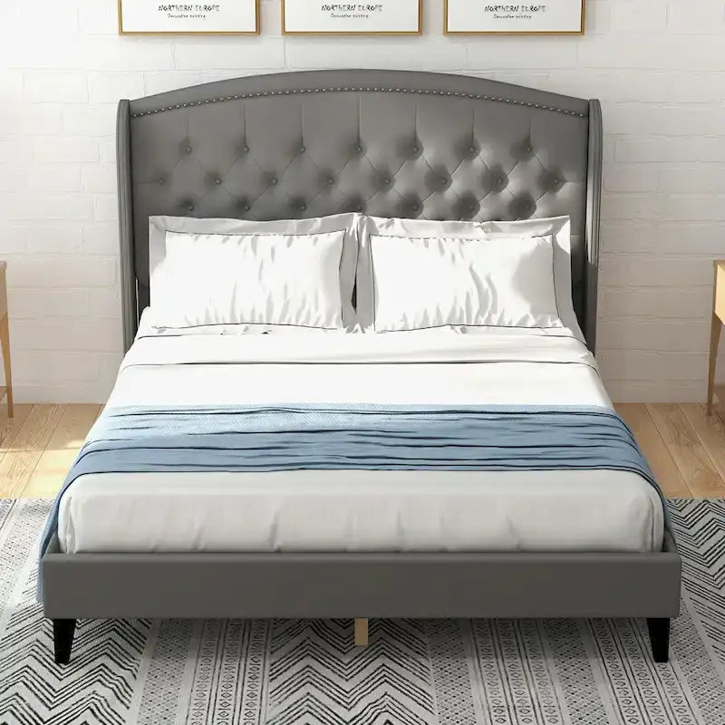 Estructura de cama tapizada con alas de terciopelo beige/gris/negro, con botones, tamaño matrimonial, para 2 personas