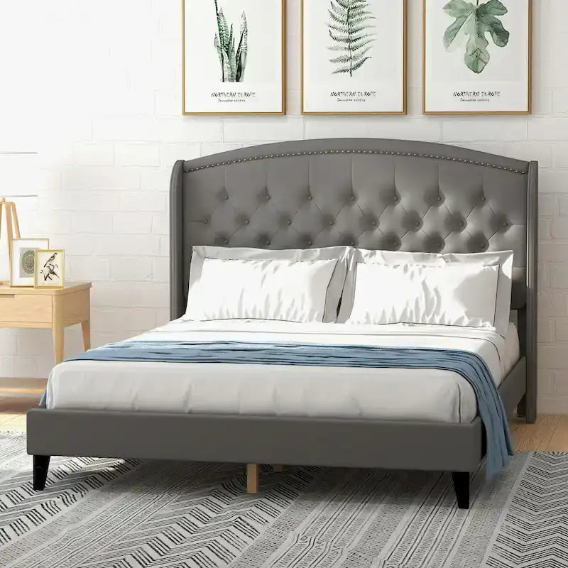 Estructura de cama tapizada con alas de terciopelo beige/gris/negro, con botones, tamaño matrimonial, para 2 personas