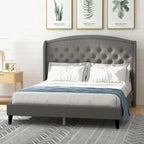 Estructura de cama tapizada con alas de terciopelo beige/gris/negro, con botones, tamaño matrimonial, para 2 personas
