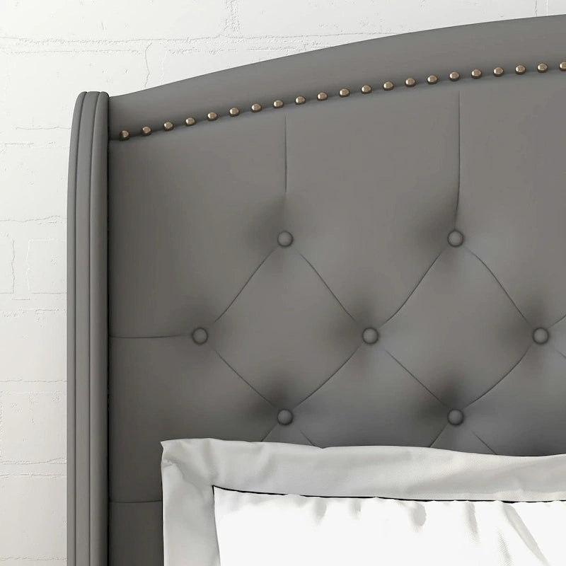 Estructura de cama tapizada con alas de terciopelo beige/gris/negro, con botones, tamaño matrimonial, para 2 personas