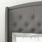 Estructura de cama tapizada con alas de terciopelo beige/gris/negro, con botones, tamaño matrimonial, para 2 personas