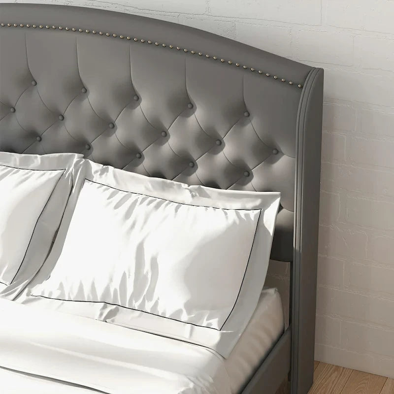 Estructura de cama tapizada con alas de terciopelo beige/gris/negro, con botones, tamaño matrimonial, para 2 personas