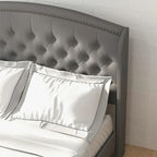 Estructura de cama tapizada con alas de terciopelo beige/gris/negro, con botones, tamaño matrimonial, para 2 personas