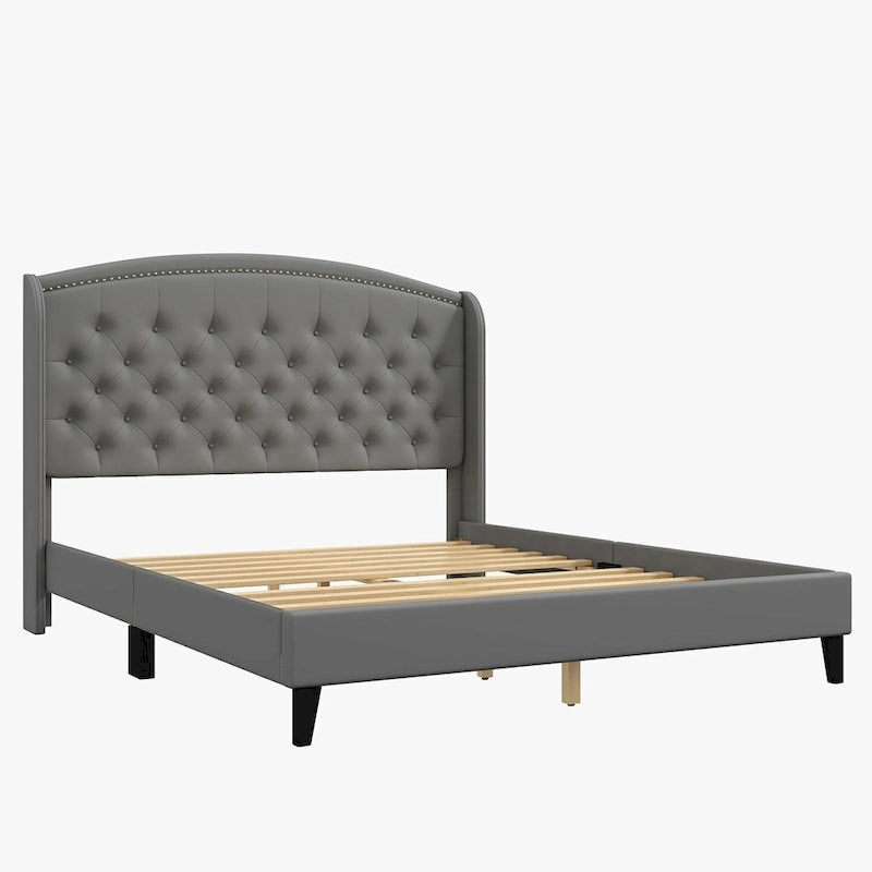 Estructura de cama tapizada con alas de terciopelo beige/gris/negro, con botones, tamaño matrimonial, para 2 personas