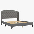 Estructura de cama tapizada con alas de terciopelo beige/gris/negro, con botones, tamaño matrimonial, para 2 personas