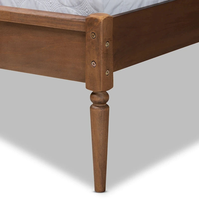 Cama de plataforma de nogal y fresno marrón de mediados de siglo con cabecero de ratán tejido – Matrimonial / Queen / King