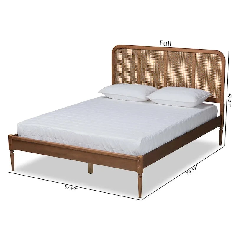 Cama de plataforma de nogal y fresno marrón de mediados de siglo con cabecero de ratán tejido – Matrimonial / Queen / King