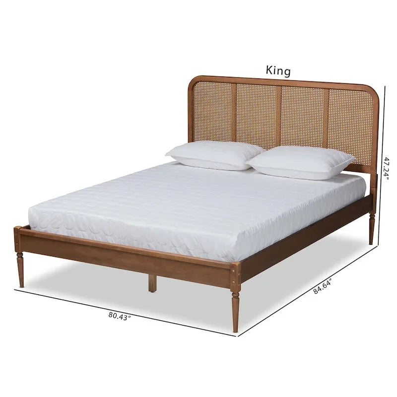 Cama de plataforma de nogal y fresno marrón de mediados de siglo con cabecero de ratán tejido – Matrimonial / Queen / King