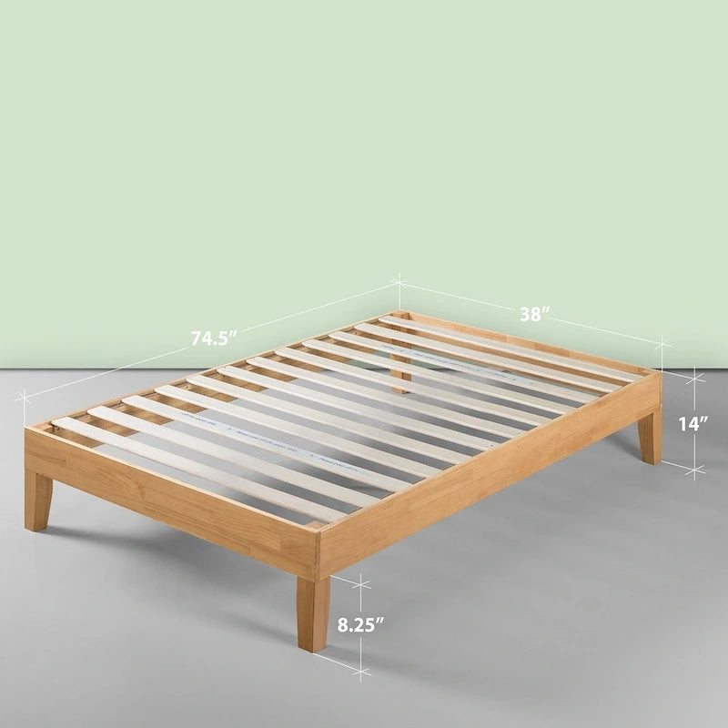 Cama de plataforma de perfil bajo de 14" de pino natural – Individual/Matrimonial/Queen/King, 1-2 personas