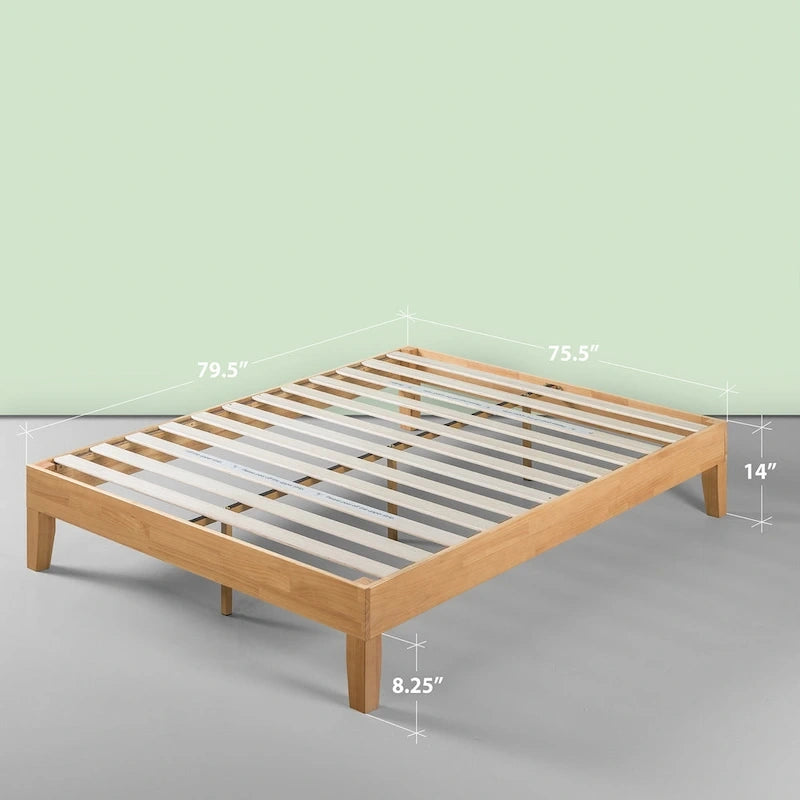 Cama de plataforma de perfil bajo de 14" de pino natural – Individual/Matrimonial/Queen/King, 1-2 personas