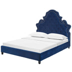 Cama de plataforma Queen de terciopelo azul con ribete de tachuelas – Para 2