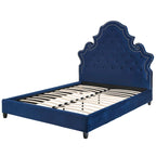 Cama de plataforma Queen de terciopelo azul con ribete de tachuelas – Para 2