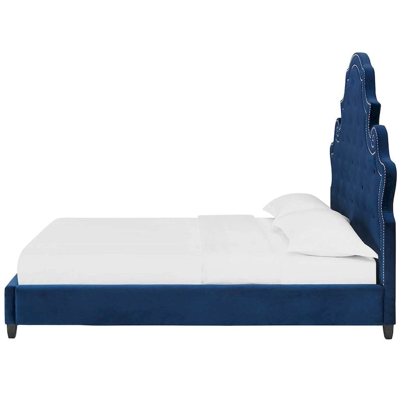 Cama de plataforma Queen de terciopelo azul con ribete de tachuelas – Para 2